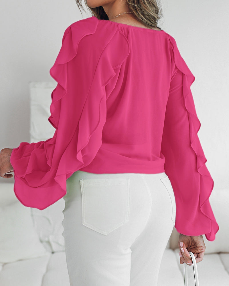 V Neck Shoulder Ruffles Design Blouse Casual Button Front Long Sleeve Top