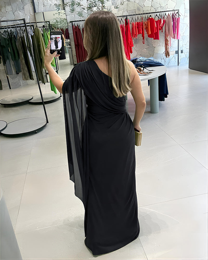 One Shoulder Asymmetrical Mesh Cloak Sleeve Ruched Twist Waist Evening Dress Waist Gathered Slit Party Dress
