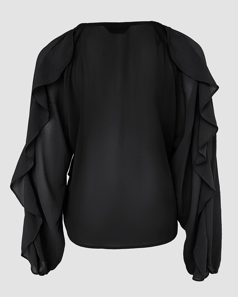 V Neck Shoulder Ruffles Design Blouse Casual Button Front Long Sleeve Top