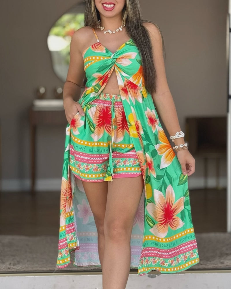2 Pieces Outfit Adjustable Spaghetti Straps Twist Front Shirred Back High Slit Hem Longline Top and Elastic Waist Tie Front Shorts Set Casual Floral Print Vacation Set