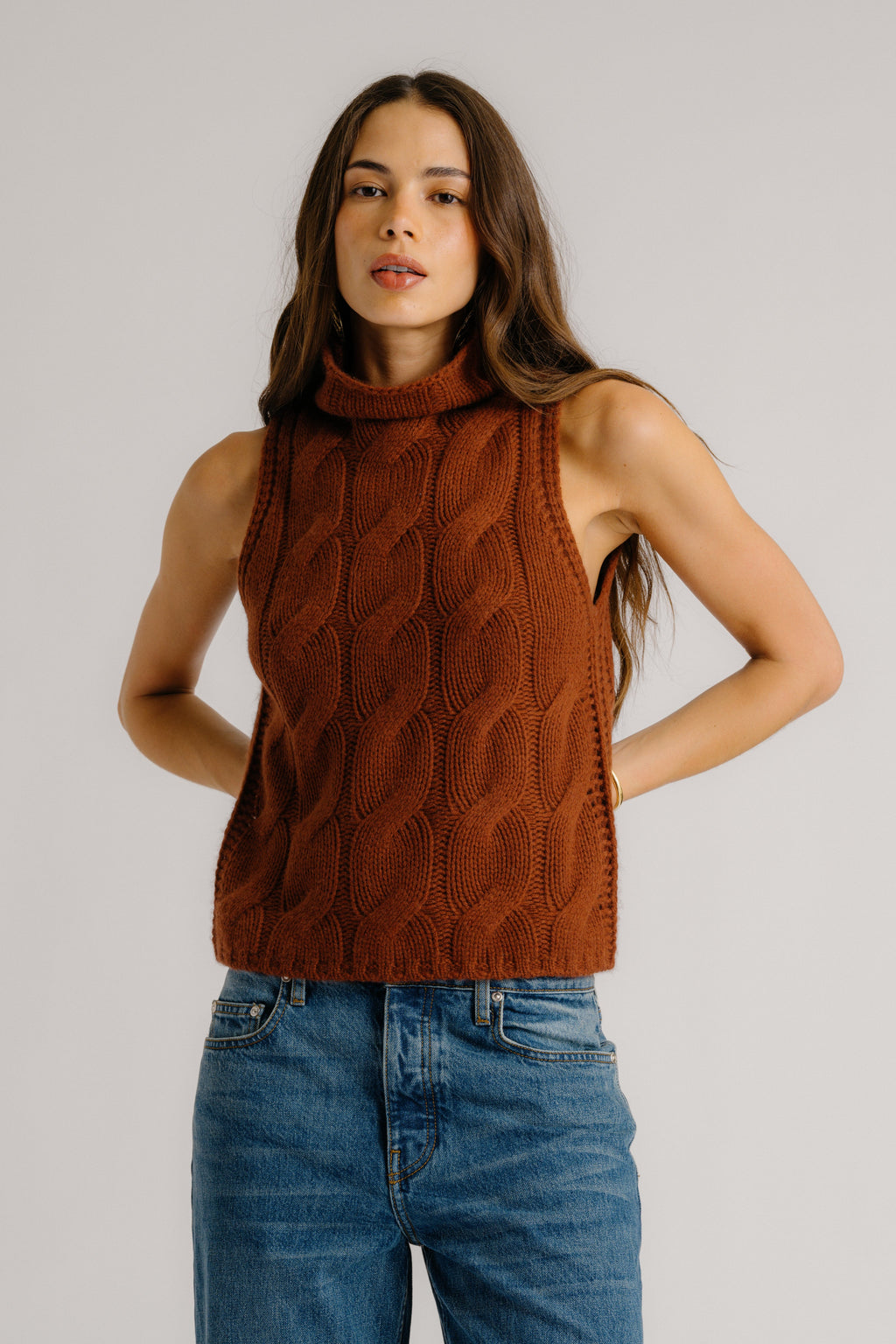 SALVIA SLEEVELESS CASHMERE CABLE TURTLENECK | MAHOGANY