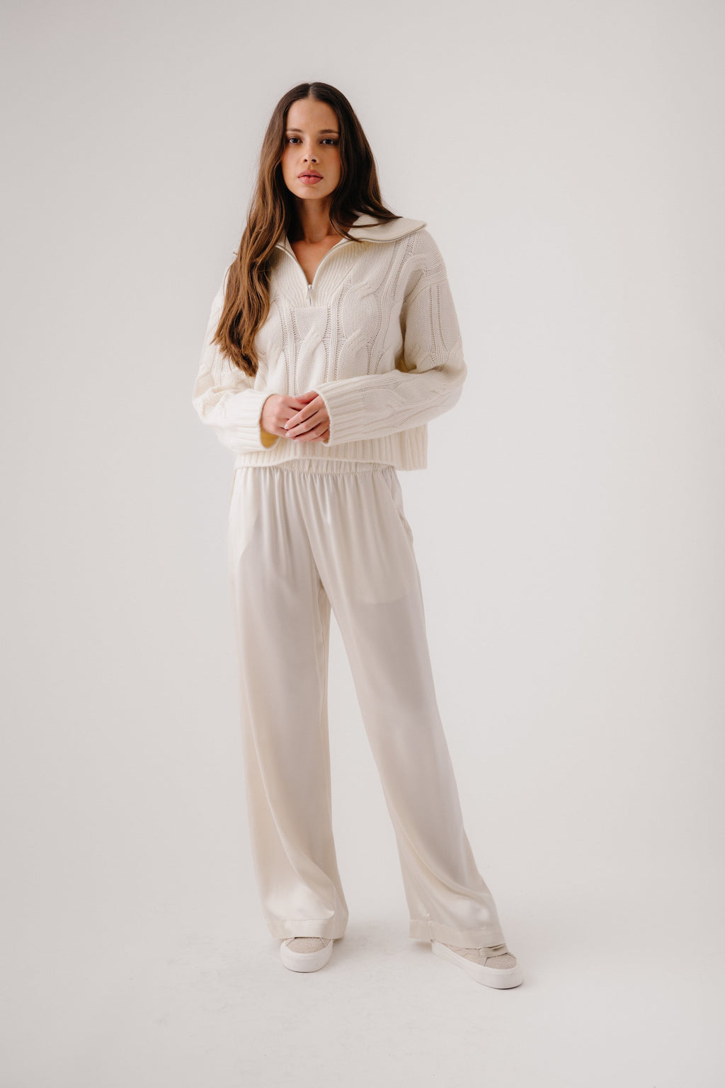 ESME HALF ZIP CABLE KNIT CASHMERE SWEATER  | GARDENIA